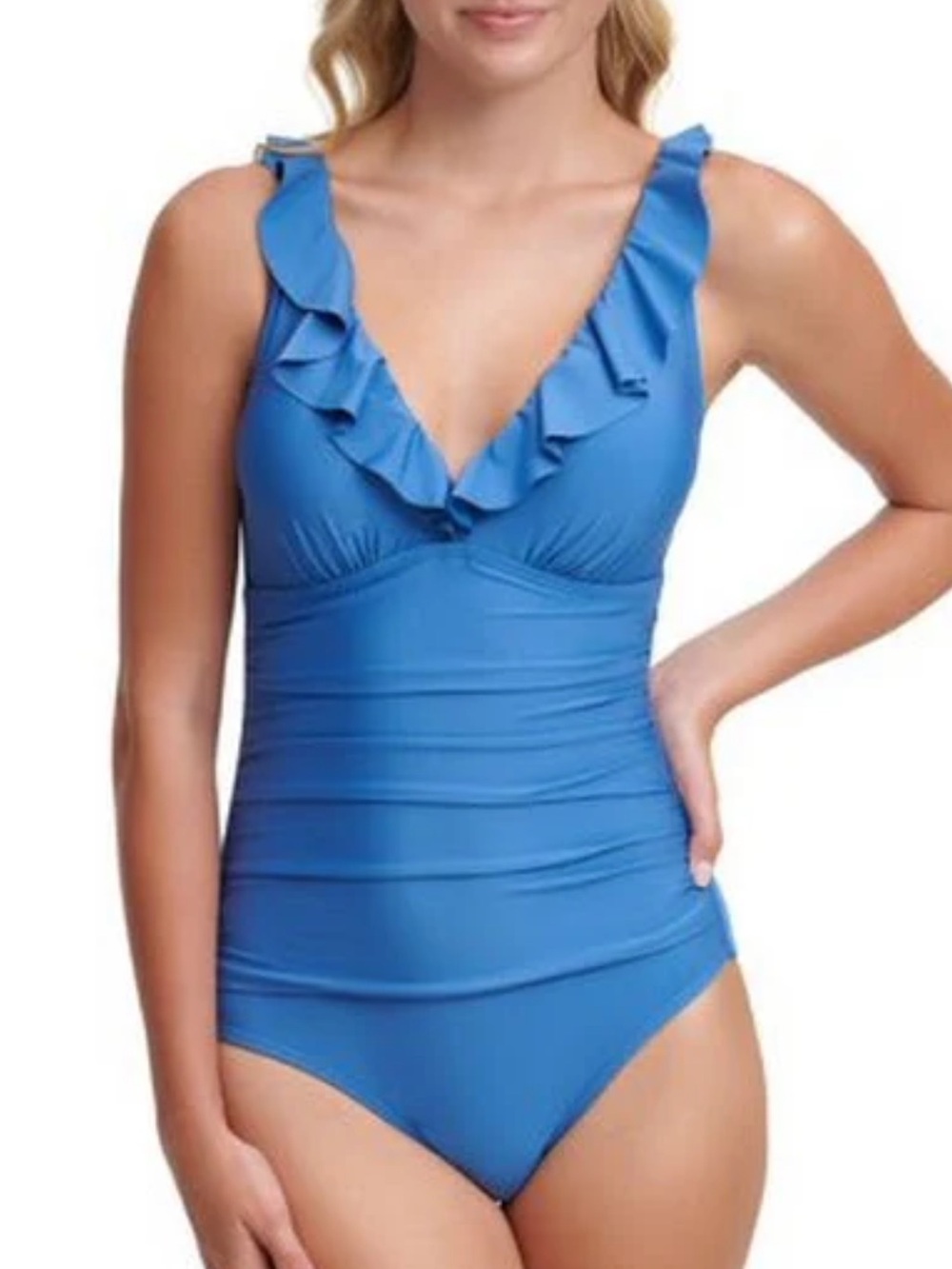 NWT DKNY Womens Ruffle Plunge Underwire Tummy Control One-Piece Swimsuit